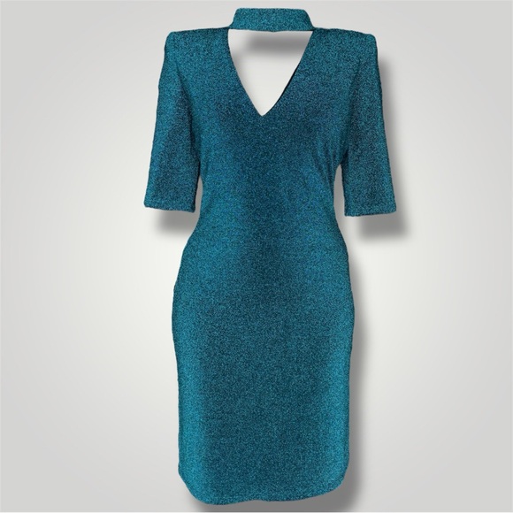 Alice + Olivia Blue Glitter Midi Dress 3/4 Sleeve Mock Neck